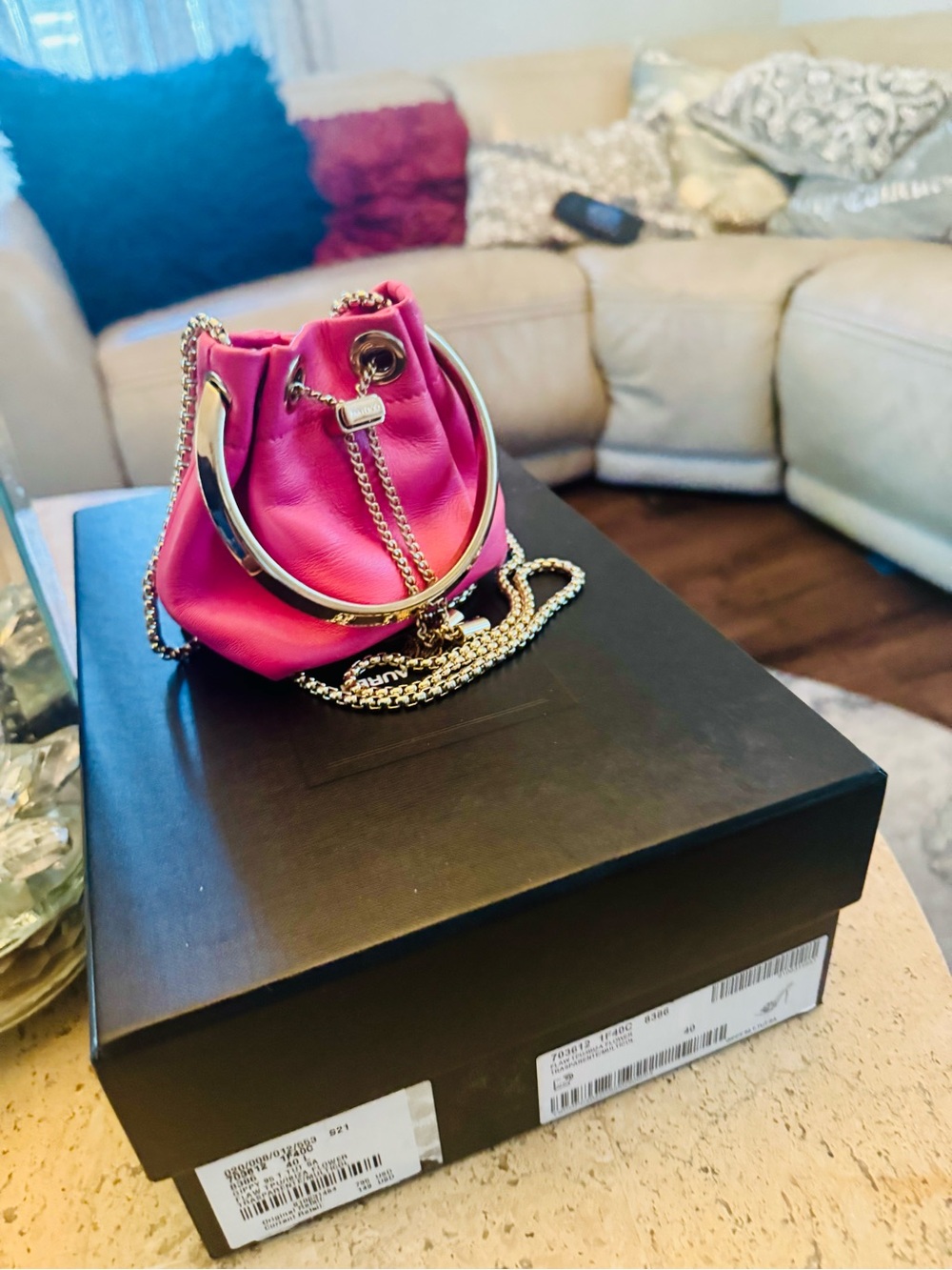 Jimmy Choo Hot Pink Mini Bucket Bag with Gold Chain